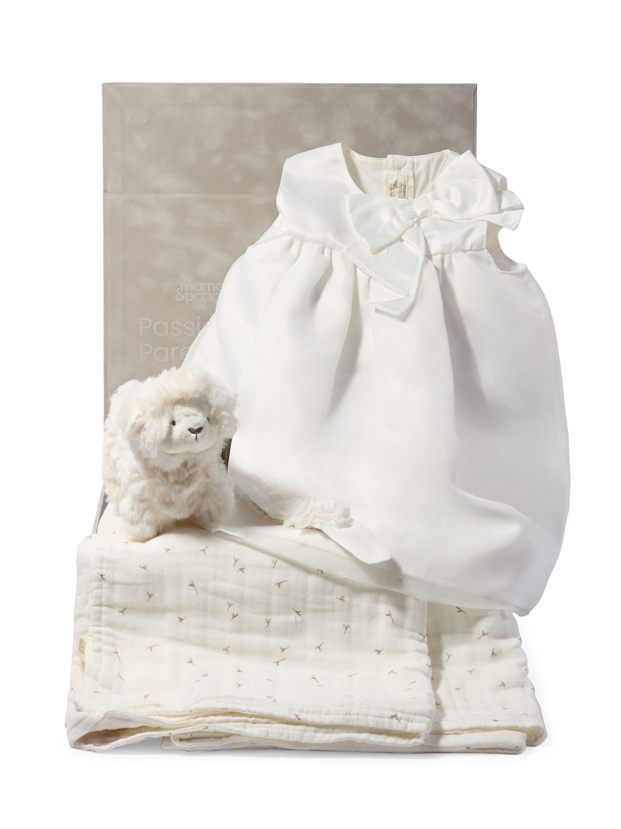 White Organza Bow Dress Baby Gift Set with Muslin Blanket, Headband & Lamb Chime image number 1